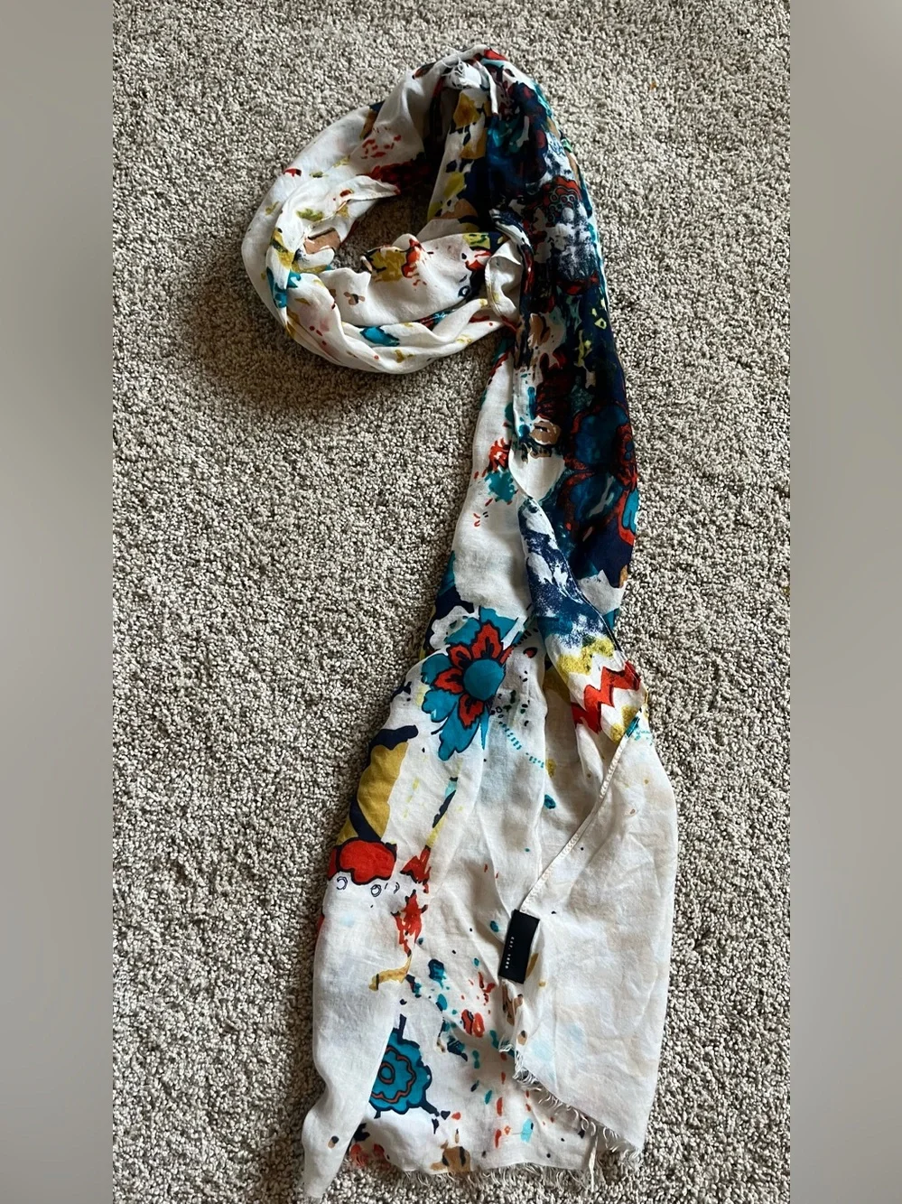 Fraas White Scarf with Multicolor Floral and Abstract Print